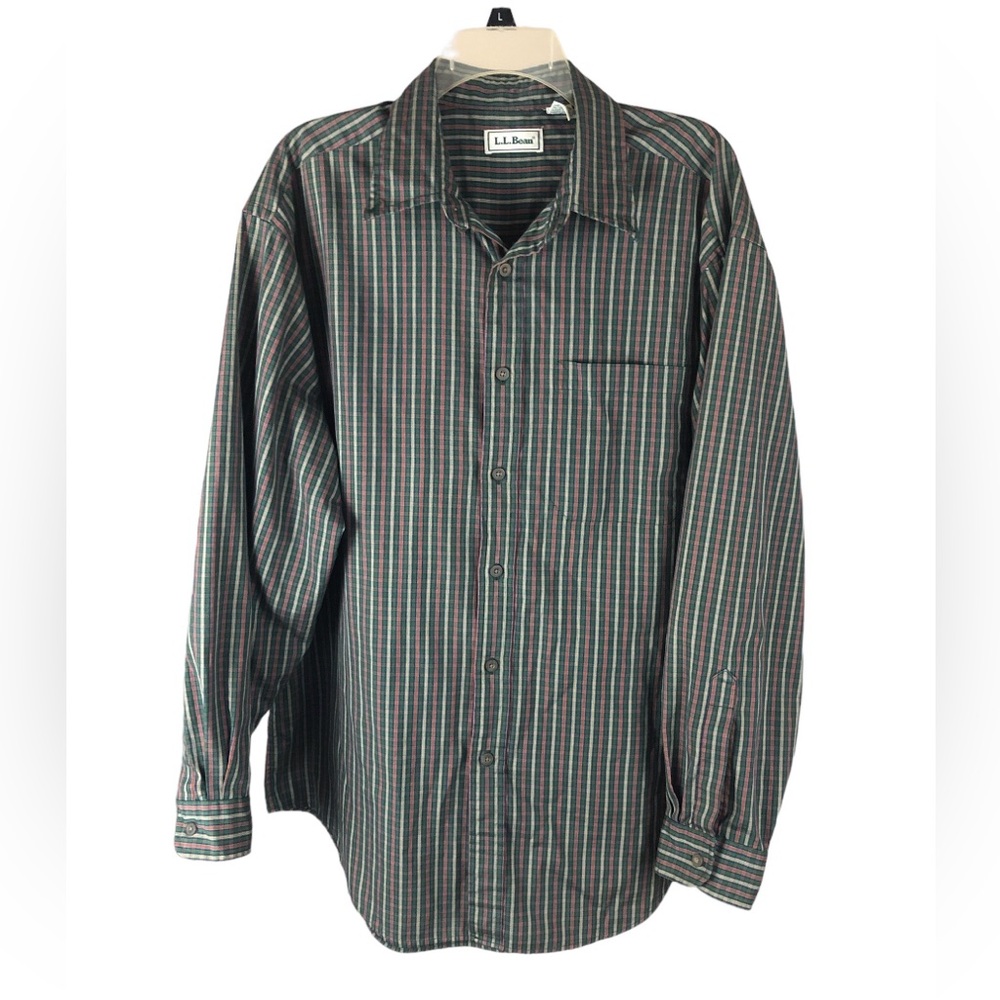 SHIRT - Men's LL Bean Green/Red/Beige Plaid Patterned Button Down Shirt. Size L